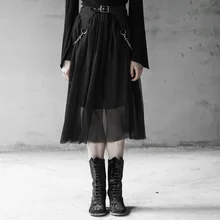 Панк рейв Женская тяжелая промышленность съемные цепи шифон половина юбка панк стиль ушко пояс тонкая юбка