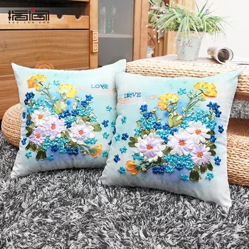 

2pcs Handmade Ribblon 3D Flower Embroidered Pillow Cover Farmhouse Dropship 45X45cm Decor Home Sofa Cover Throw Pillows