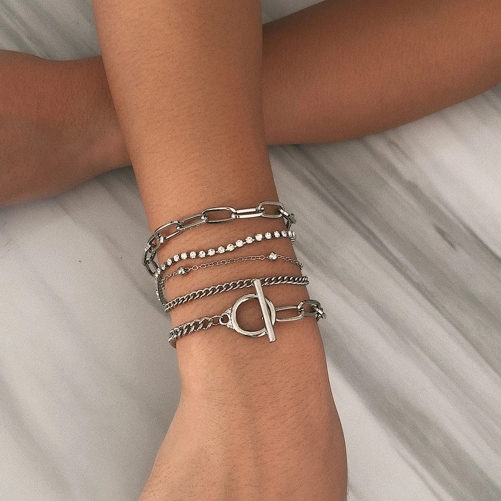 Punk Curb Cuban Chain Bracelets Set for Women Multilayer Miami Boho Thick Gold Color Charm Bracelets Bangles Fashion Jewelry