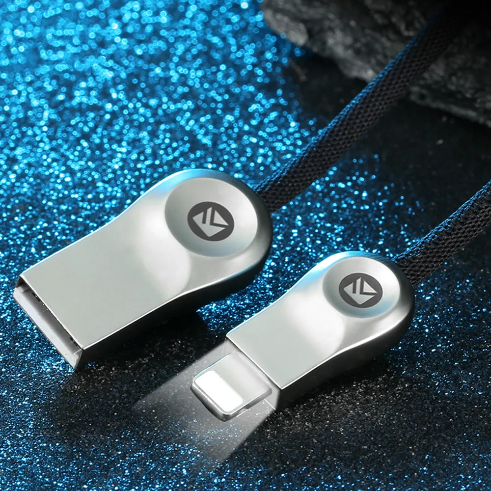 USB кабель из цинкового сплава для iPhone X 8 7 Plus 6 6s 2.1A LED 1 м нейлоновый плетеный 10 5S SE