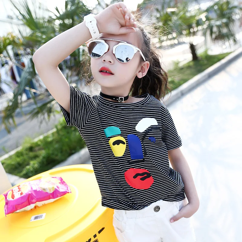 Girls O-Neck Striped T-Shirt Boys Fashion Summer Short Sleeve Shirt Children Unisex Cotton Cartoon Pattern Tops AA51800