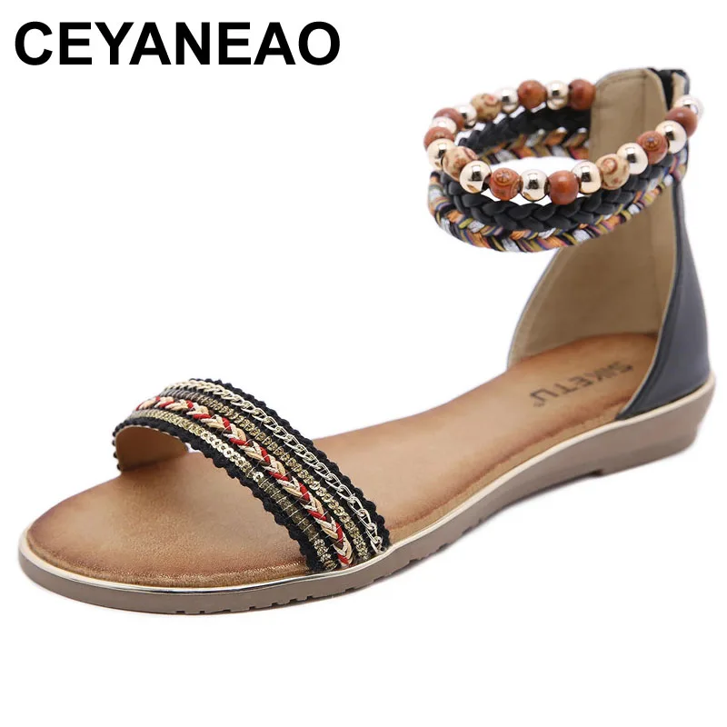 CEYANEAO 2021 New Roman Sandals Bohemian Beaded Ethnic Style Phnom Penh Large Size Wedge High Heel Flats | Обувь