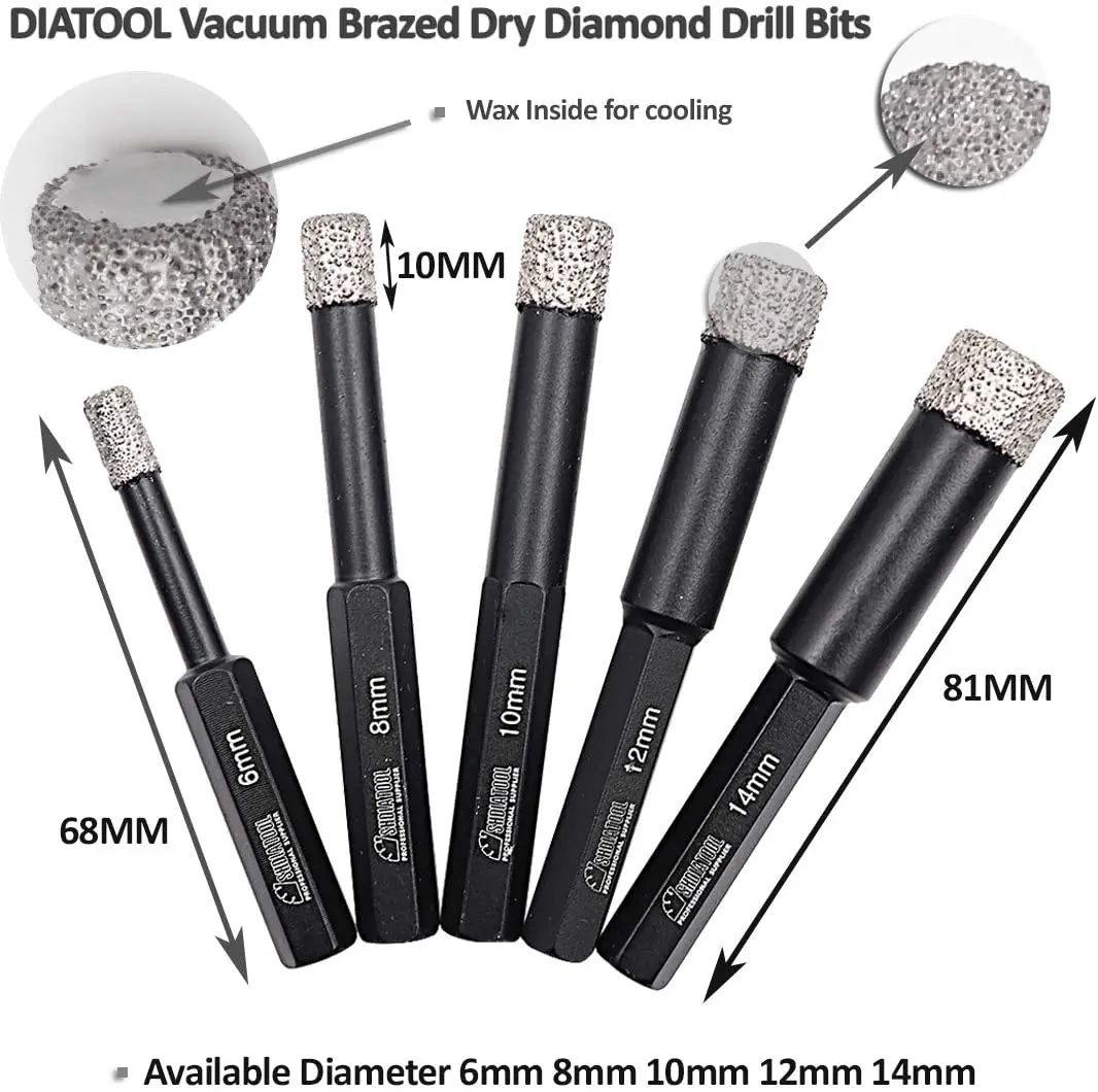 

5pcs Brazed Dry Diamond Drill Bits Set Hex Shank Porcelain Eye Hole Opener Tile Ceramics Marble Diameter 6mm 8mm 10mm 12mm 14mm