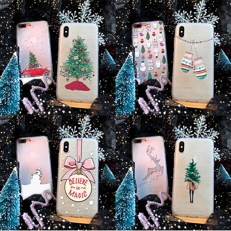 

Winter Merry Christmas Tree Case For iPhone 6 6S 7 8 Plus 7Plus 8Plus 5 5S SE Case For iPhone X XS Cute Deer Soft TPU Back Cover