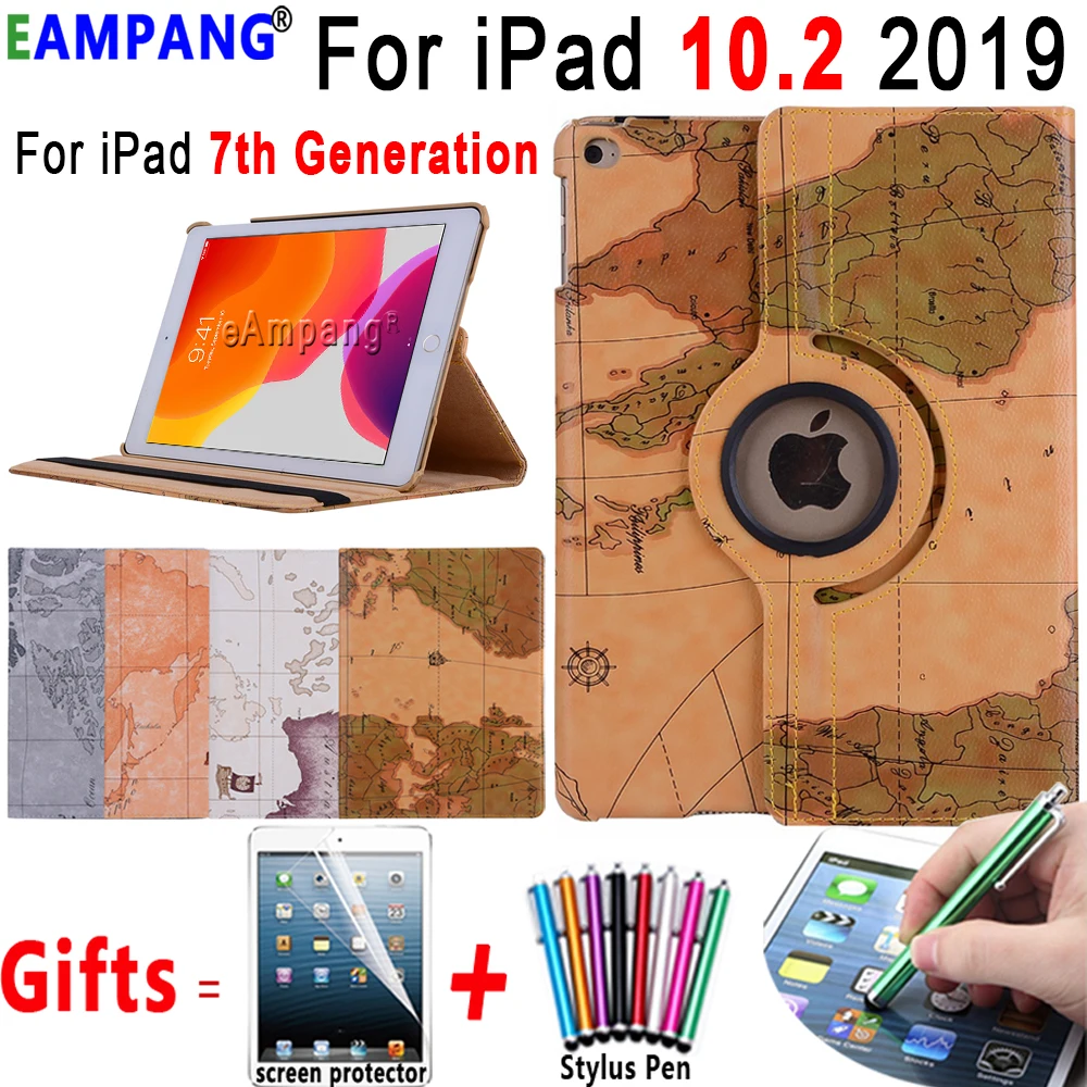 360 градусов вращающийся кожаный смарт-чехол с рисунком карты для iPad 7-го поколения, чехол для Apple iPad 10,2 A2197 A2198 A2232 Funda