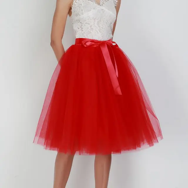 6Layers 65cm Fashion Tulle Skirt Pleated Tutu Skirts Women Lolita Petticoat Bridesmaids Sweet Party Midi Skirt Mini Skirt Dress red