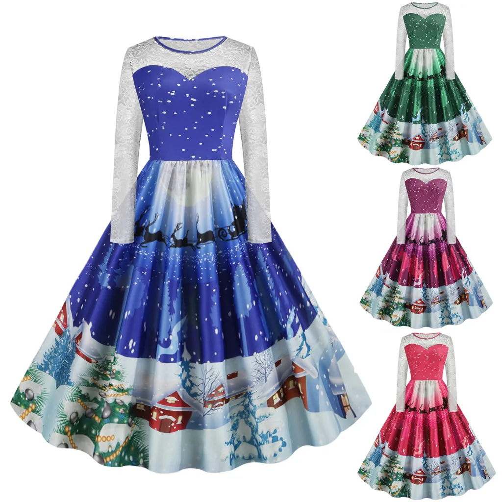 Vestidos ropa mujer, платье для вечеринки, винтажное рождественское платье, кружевные платья с принтом, женские вечерние платья с длинными рукавами