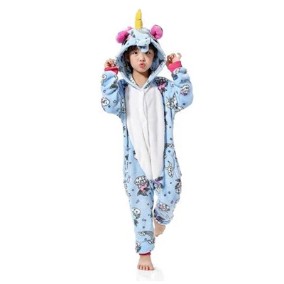 Blue Horse Button Onesie/Детская Пижама кигуруми с единорогом; зимняя Пижама с пандой; Пижама с единорогом для мальчиков и девочек; Фланелевая пижама с животными для костюмированной вечеринки; одежда для сна с капюшоном - Цвет: Blue Horse Button
