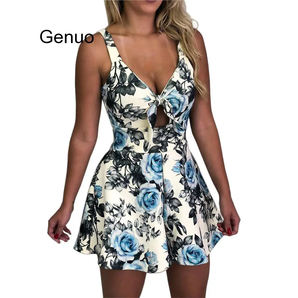 Jumpsuit Women Romper Summer Floral Print Sleeveless V Neck Bow Sexy Vintage Jumpsuits Playsuit Combi Short Jumpsuit Women Romper Summer Floral Print Sleeveless V Neck Bow Sexy Vintage Jumpsuits Playsuit Combi Short