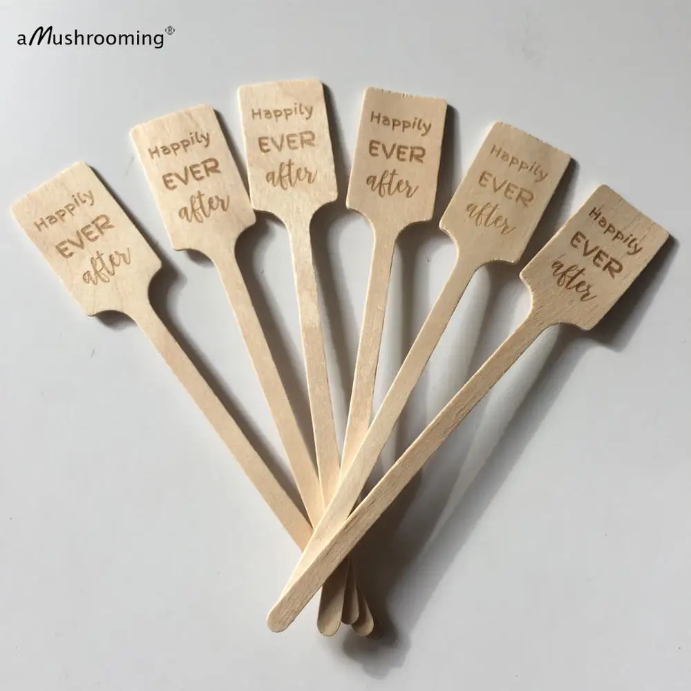 50ct счастливо когда-либо после палочки вечерние мешалки для напитков Персонализированные Свадебные юбилейные вечерние одноразовые деревянные столовые приборы
