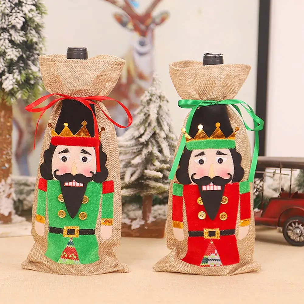 

1pc Christmas Red Wine Bottle Covers Bag Linen Holiday Nutcracker Soldier Champagne Bottle Cover Christmas Decorations