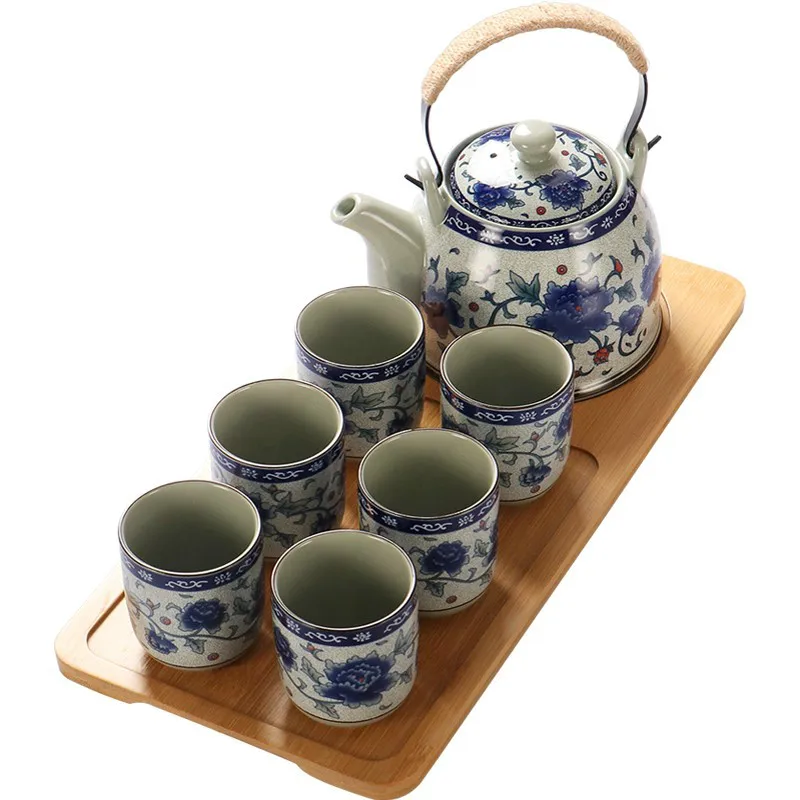 

Loop-Handled Teapot Tea Set Household Vintage Blue and White Porcelain Kettle Large Capacity Ceramic Teapot Strainer Teapot