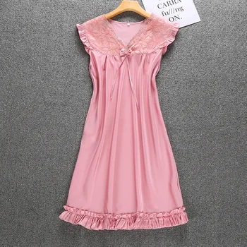 

Satin Chiffon Pajamas Women's Summer Cute V-neck Lace-up Students Silk Nightgown Household Thin Dress