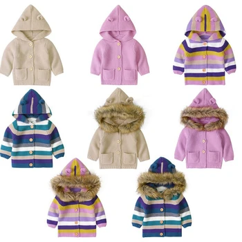 

Children Kids Knitted Sweatshirt Autumn Winter Baby Boy Girl Cardigan Striped Print Hoodie Warm Sweater Casual Outerwear