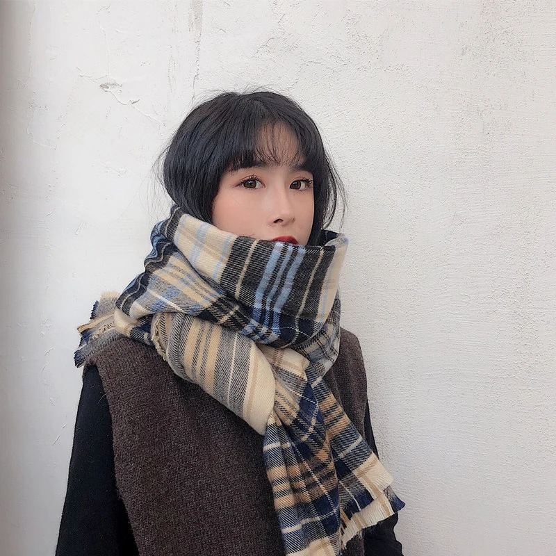 [EAM] женский длинный шарф в клетку с кисточками, сохраняющий тепло, длинный индивидуальный Модный осенне-зимний шарф 1D450