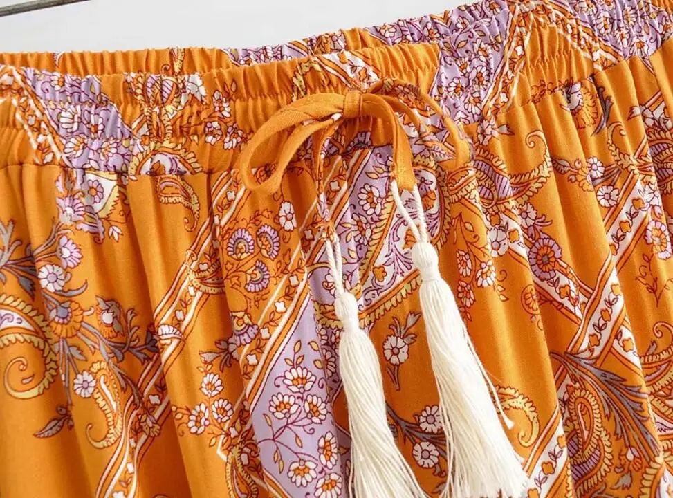BOHO праздничные женские сшитые плиссированные юбки со шнуровкой на талии длиной до пола богемные оранжевые длинные юбки с цветочным принтом