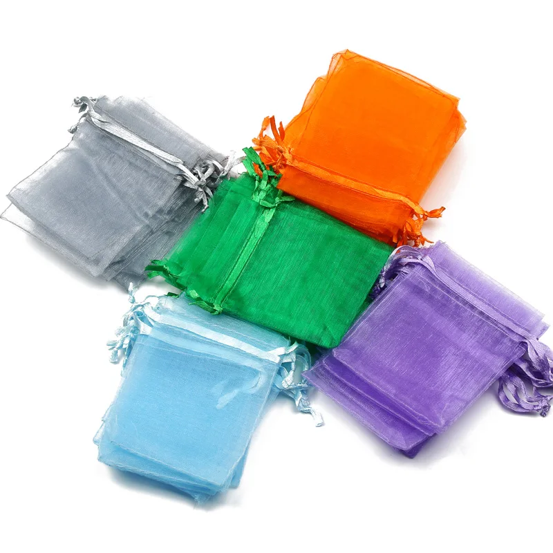 Bolsa de Organza con cordón de colores, embalaje de joyería, bolsa de almacenamiento para regalo de fiesta de boda, 7x9cm/9x12cm/10x15cm/13x18cm, 50 unids/lote