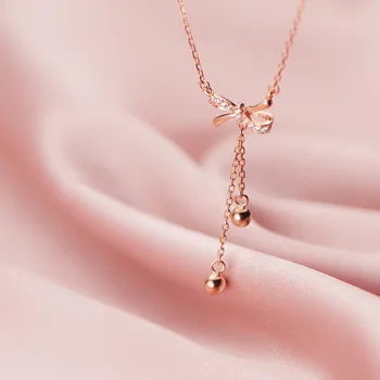 

S925 Sterling Silver Color Sweet Cute Bow Shape Smooth Bead Fixed Pendant Necklace Fashion Jewelry For Women Lady Girl Gift