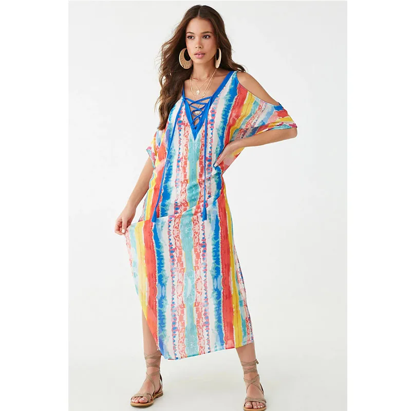 

Swim Suit Cover Up Kaftan Outwear Beach Outlet Swimsuit Pareo Sarong Bikini Outings For Woman 2019 Dress Tunic Color Stripe