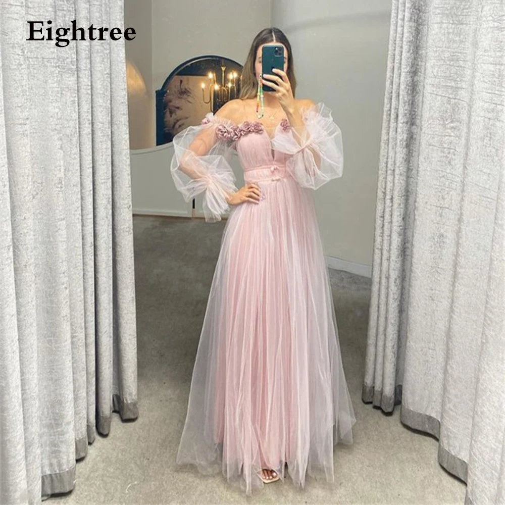 

Eightree Light Pink Tulle Long Sweetheart Evening Party Dresses Long Puff Sleeves Flower Appliques Night Formal Prom Gown