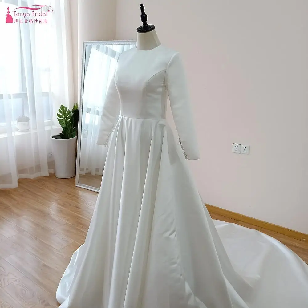 Элегантные Свадебные платья из атласа с длинным рукавом настоящая фотография мусульманское свадебное платье с длинным шлейфом DQG1027