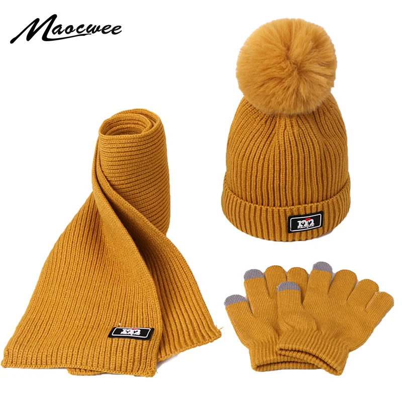 Beanies com Forro para Meninos Crianças Inverno Grosso Chapéu Cachecol Conjunto Bebê Malha Quente Duplo Falso Pele Pompom Skullies Meninas