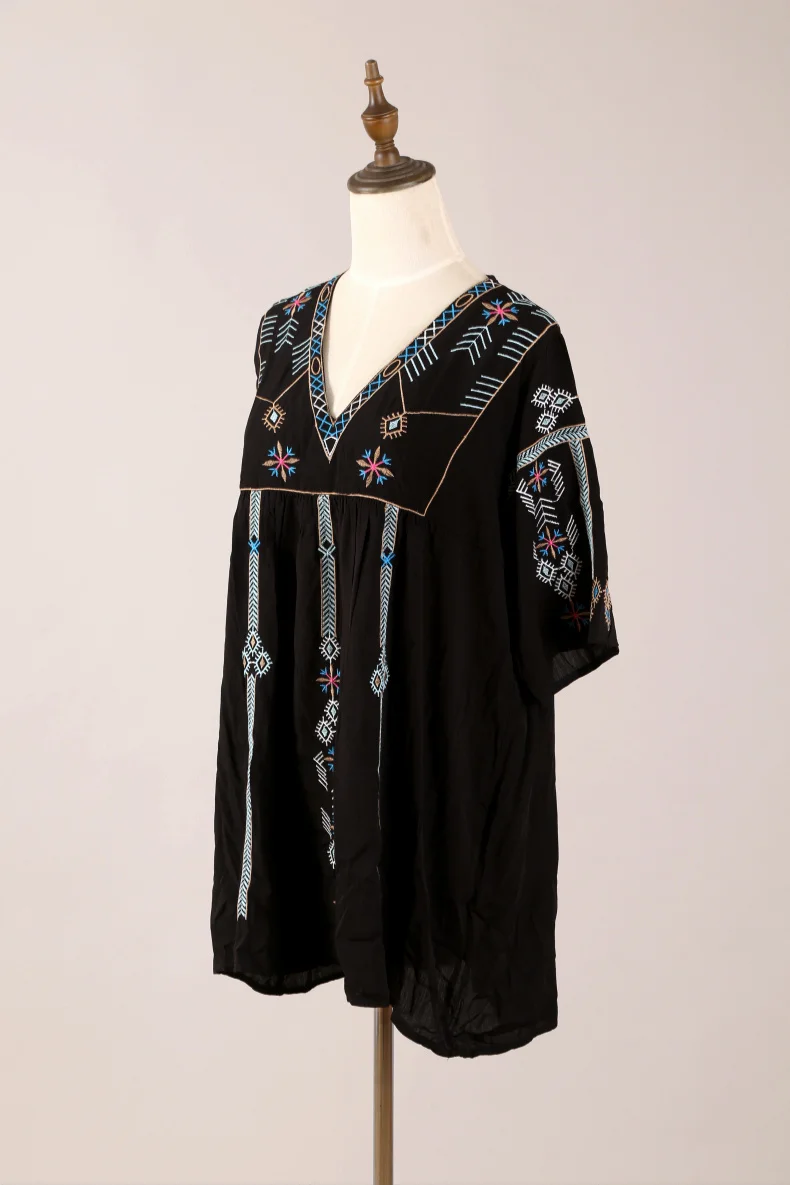 Boho Летнее женское сексуальное платье с v-образным вырезом, вышивка, короткий рукав, винтажная свободная обычная, высокая, на выход, платье, черное пляжное мини-платье