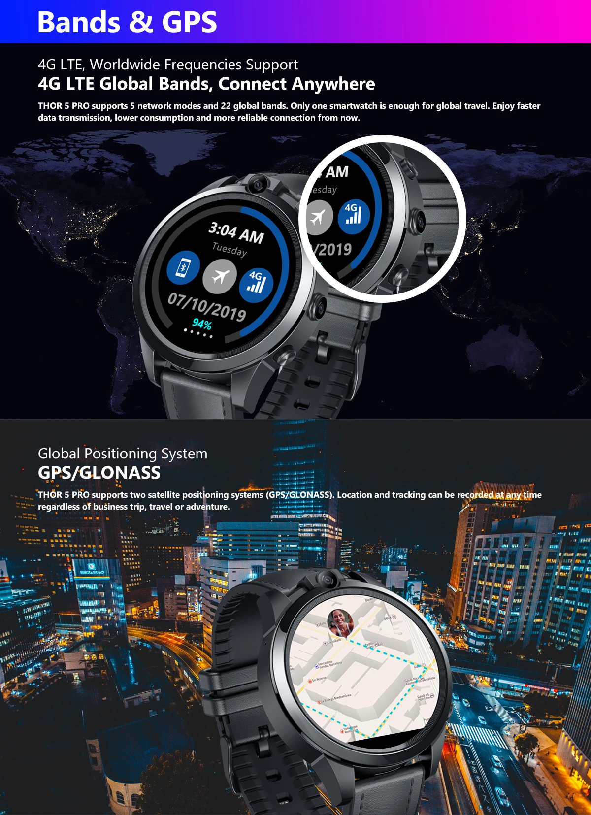 Zeblaze часы THOR 5 PRO с керамическим ободком, 3 ГБ+ 32 ГБ, 800 мАч, gps часы, подарок, кожаные ремни, две камеры, 4G, Смарт-часы