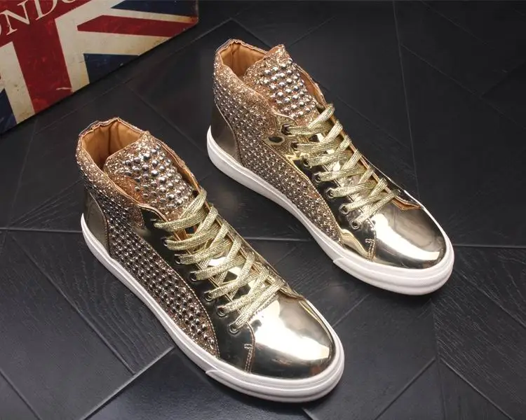 

British Luxury Men Blue Casual Shoes High Top Short Street Boots Man Rivets Charm Lace Up Leisure Shoes Ankle Boots 38-43