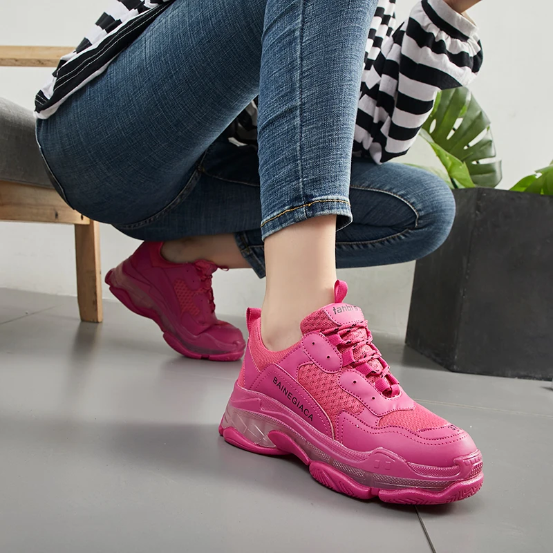 

2019 CrystaL women chunky sneakers women's autumn breathable mesh casual outdoor platform sneakers fluorescent green dad shoes