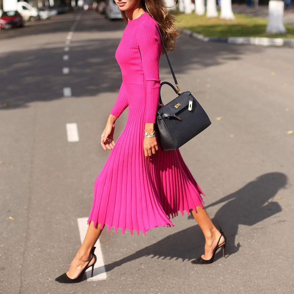Элегантные вечерние плиссированные платья-свитера средней длины для женщин зима осень розовые офисные женские вязаные Сексуальные облегающие платья размера плюс