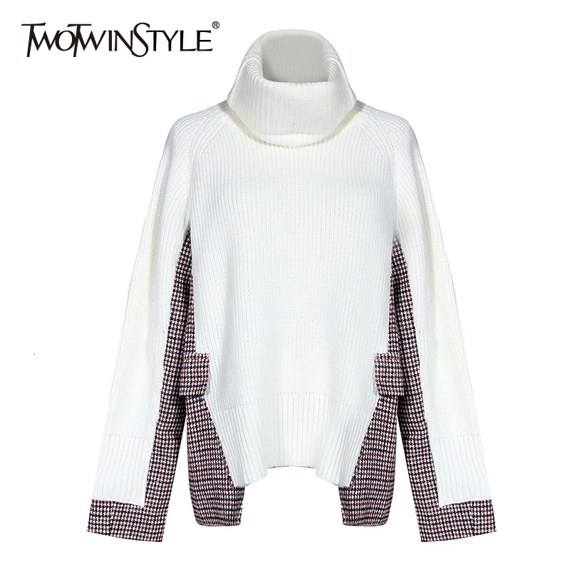 TWOTWINSTYLE белый лоскутный клетчатый необычный женский свитер водолазка с длинным