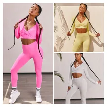 2 pçs sólido conjunto de yoga mulheres fitness manga longa workout terno de ginástica roupas com decote em v superior colheita calças esportivas dança agasalho