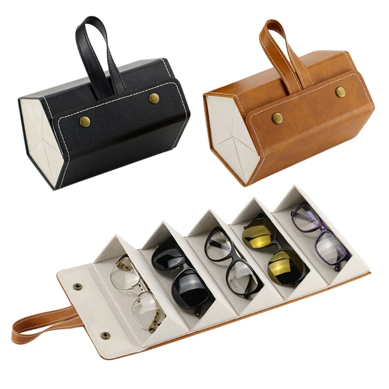 

5 Slots Foldable PU Leather Sunglasses Eyeglasses Travel Organizer Case Multiple Hanging Eyewear Holder Display