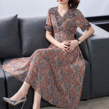 

2020 New Hollow Embroidery Retro Printed Hollow Out Ladies Dresses V-neck Plus Size 3xl Dress Floral For Women Blue Casual