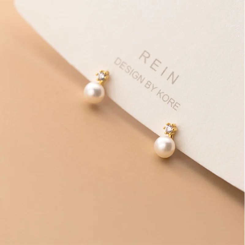 WANTME Genuine 925 Sterling Silver Geometric Zircon Pearl Mini Small Stud Earrings for Women Chic Charming Korean Jewelry 2021 - Image 6