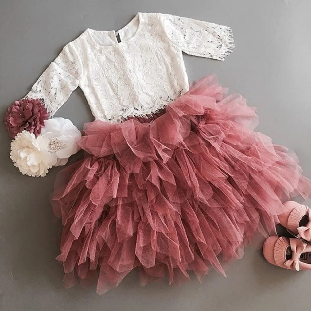 От 1 до 6 лет, комплект из 2 предметов, платье для маленьких девочек ясельного возраста кружевные топы, футболка плиссированная юбка-пачка осенний комплект одежды для девочек