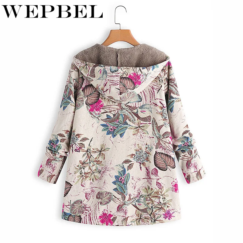 WEPBEL Женская осенне-зимняя куртка с капюшоном с цветочным принтом и листьями тонкая пушистая меховая флисовая Верхняя одежда куртка на молнии
