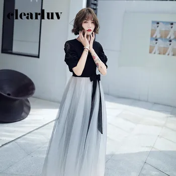 

Gradient Crepe Women Party Dresses DR374 Black A-Line ERobe De Soiree Patchwork Long Evening Dress O-Neck Vestidos De Soiree