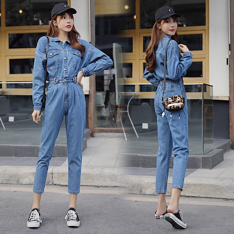 New Blue Bodycon Jeans Jumpsuit Women Elastic High Waist Rompers Pocket Long Sleeve Bodysuit Fashion Tunic Ladies Denim Overalls