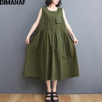 DIMANAF-Vestido camisero de algodón sin mangas para mujer, vestido elegante informal holgado de talla grande, novedad de verano de 2021