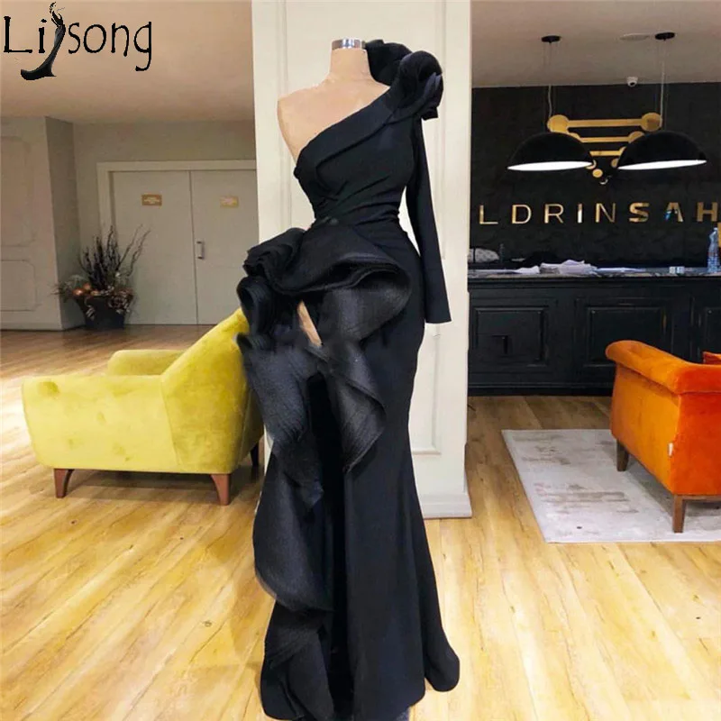 

Sexy High Slit Black Mermaid Evening Dress Long Sleeve One Shoulder Ruffles Chic Prom Dresses Arabic Abiye Women Formal Gowns