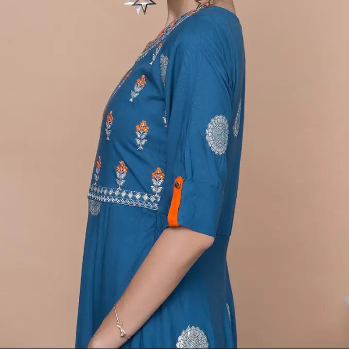 Женские модные комплекты в этническом стиле хлопок Индия Kurtas три четверти рукав длинное платье