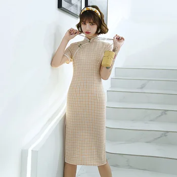 

Novelty Chinese Style Qipao Elegant Linen Cotton Women Formal Dress Sexy High Split Print Flower Cheongsam Plus Size 3XL