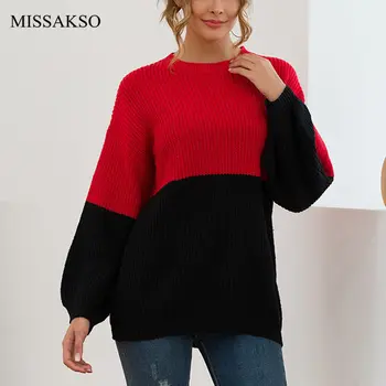 

Missakso Casual Patchwork Sweater O Neck Jumper Loose Lantern Sleeve Autumn Winter Yellow Pink Pullover Women Knitted Sweaters