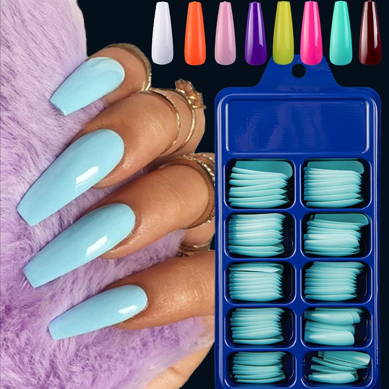 

100pcs/box Ballerina Fake Nails Coffin Press on Nail Art Tips Manicure Full Cover Matte Long Pink Red Blue False Nail Extension