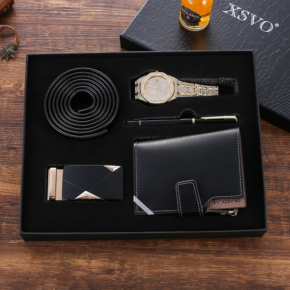 Hot Men's Gift Box 5pcs Set Men's quartz watch full diamond watches fashion luxury exquisite packaging gift present wallet belt