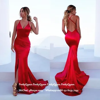 

Sexy criss Cross Back Mermaid Evening Dress With Side Split Spaghetti Strap Red Long Formal Prom Dresses For Women