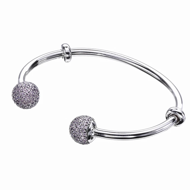 Moonmory Moments Silver Open Bangle with Pave Caps S925 Sterling Silver bead Bracelet with Red Zircon Diy Charm Bangle Jewelry 6