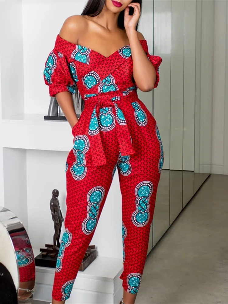 Женский комбинезон с оборками и открытыми плечами сексуальный принтом | Женская